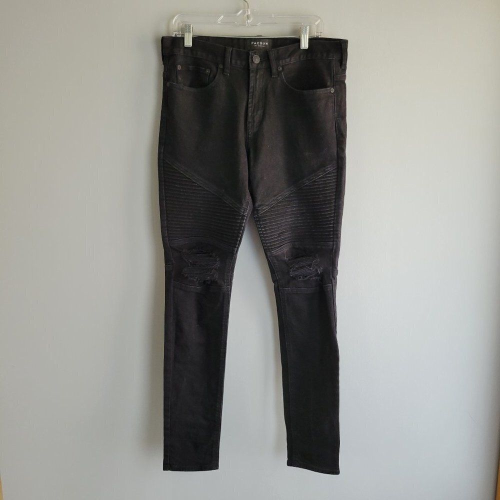 Pacsun Stacked Skinny Comfort Stretch Black Jeans 31 x 32 Ripped Knee Style